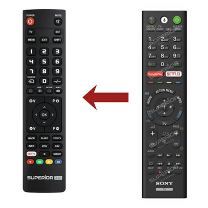 Direkter Vergleich der kompatiblen Ersatzfernbedienung (links) und der Originalsteuerung (rechts) für die Sony Bravia KD-65AF8 OLED Serie.