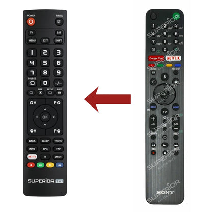 Direkter Vergleich der kompatiblen Ersatzfernbedienung (links) und der Originalsteuerung (rechts) für die Sony Bravia KD-65XG9505 4K HDR Serie.