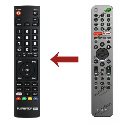 Direkter Vergleich der kompatiblen Ersatzfernbedienung (links) und der Originalsteuerung (rechts) für die Sony Bravia KD-65XG9505 4K HDR Serie.