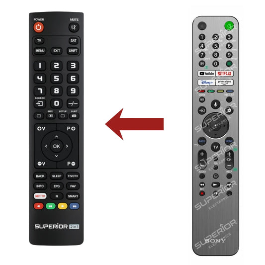  Direkter Vergleich der kompatiblen Ersatzfernbedienung (links) und der Originalsteuerung (rechts) für die Sony Bravia XR-75X95J 4K HDR Serie.