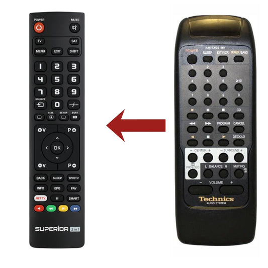 Vergleich: Originale Technics RAK-CH219WH Fernbedienung und das Ersatzmodell.