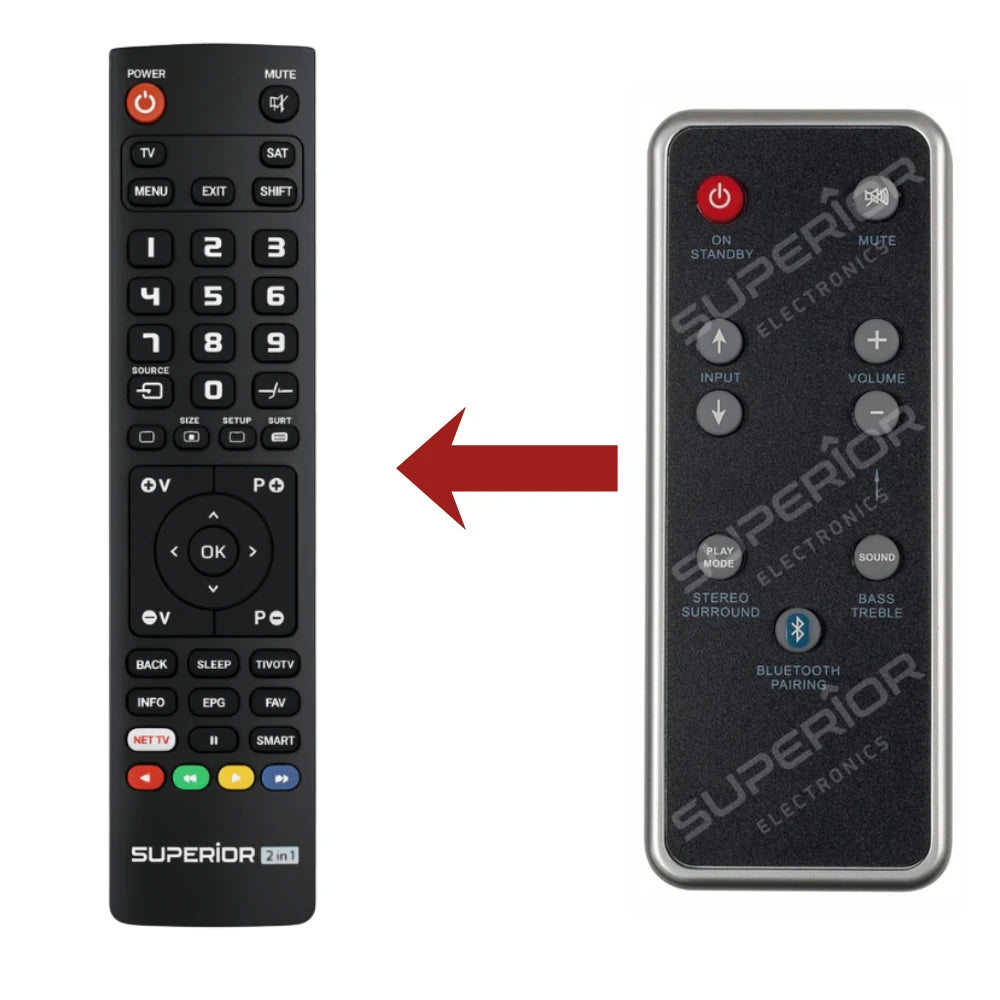 Direkter Vergleich der kompatiblen Ersatzfernbedienung (links) und der Originalsteuerung (rechts) für den TechniSat Audiomaster BT90 Home-Cinema-Controller.