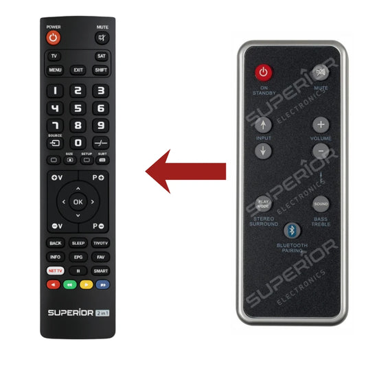 Direkter Vergleich der kompatiblen Ersatzfernbedienung (links) und der Originalsteuerung (rechts) für den TechniSat Audiomaster BT90 Home-Cinema-Controller.