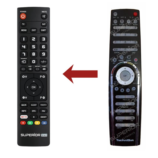 Direkter Vergleich der kompatiblen Ersatzfernbedienung (links) und der Originalsteuerung (rechts) für den TechniSat HD S2 Plus Festplattenreceiver.