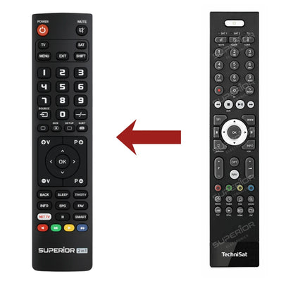 Direkter Vergleich der kompatiblen Ersatzfernbedienung (links) und der Originalsteuerung (rechts) für den TechniSat DIGIPLUS UHD S2 PVR-Controller.