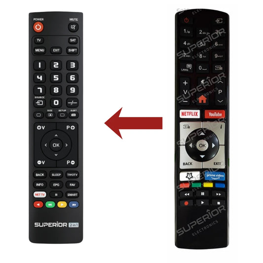 Direkter Vergleich der Ersatzfernbedienung (links) mit der Original-Steuerung (rechts) für Telefunken TVs der D32- und D40-Serien.