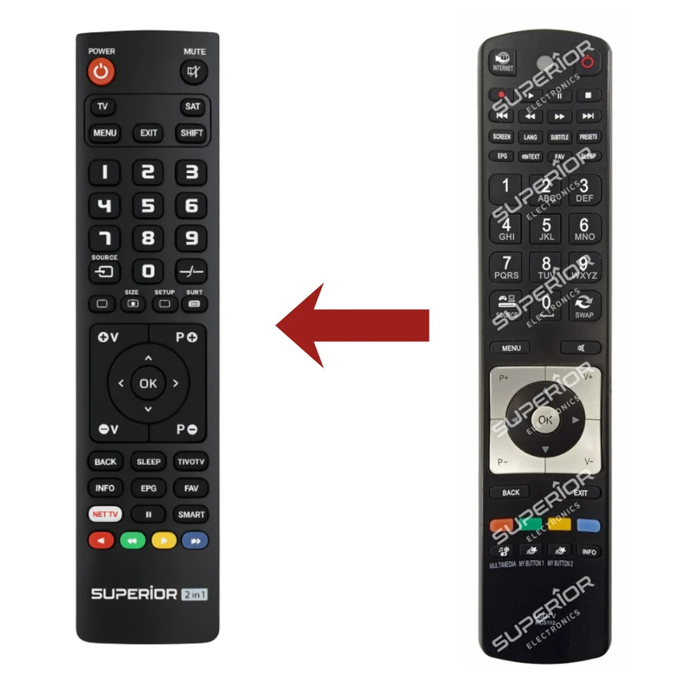 Direkter Vergleich der kompatiblen Ersatzfernbedienung (links) und der Originalsteuerung (rechts) für die Telefunken T46 und LE40F130 Serie.