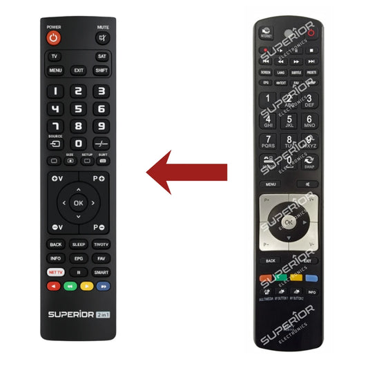 Direkter Vergleich der kompatiblen Ersatzfernbedienung (links) und der Originalsteuerung (rechts) für die Telefunken T46 und LE40F130 Serie.