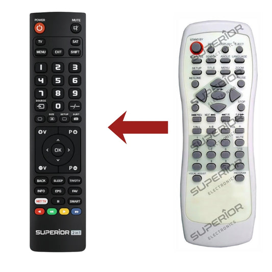 Direkter Vergleich der kompatiblen Ersatzfernbedienung (links) und der Originalsteuerung (rechts) für den Yamada DVD2600 Heimkino-Controller.