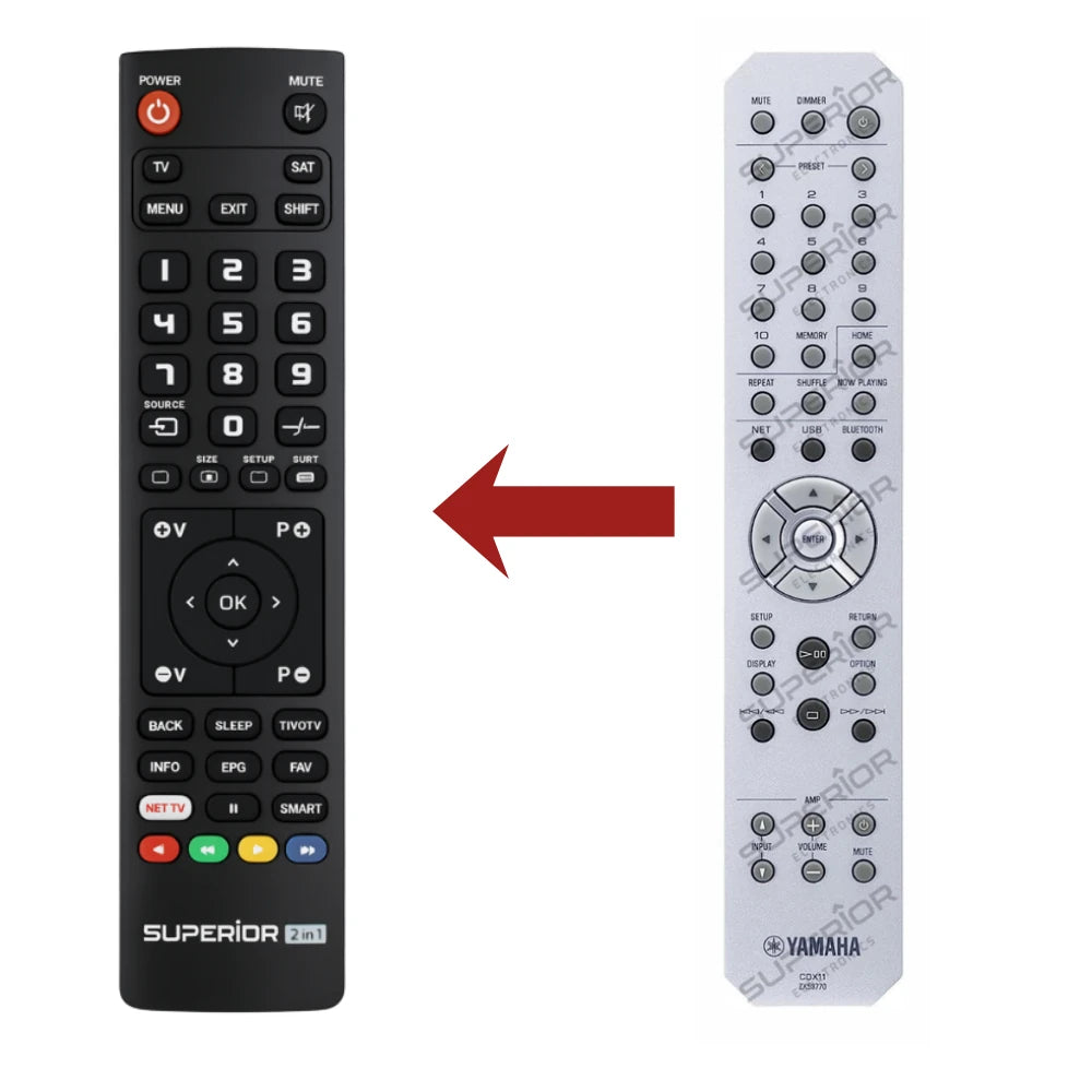 Vergleich: Ersatzmodell (links) ersetzt die originale Yamaha CD-S303 Fernbedienung (rechts)