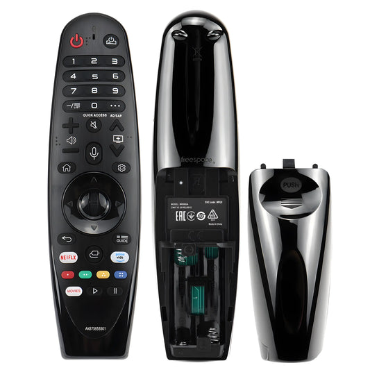 LG AKB75855501 Magic Fernbedienung mit Batteriefach geöffnet – kompatibel mit LG OLED, NanoCell und UHD webOS TVs, Rückseite mit „PUSH“-Deckel