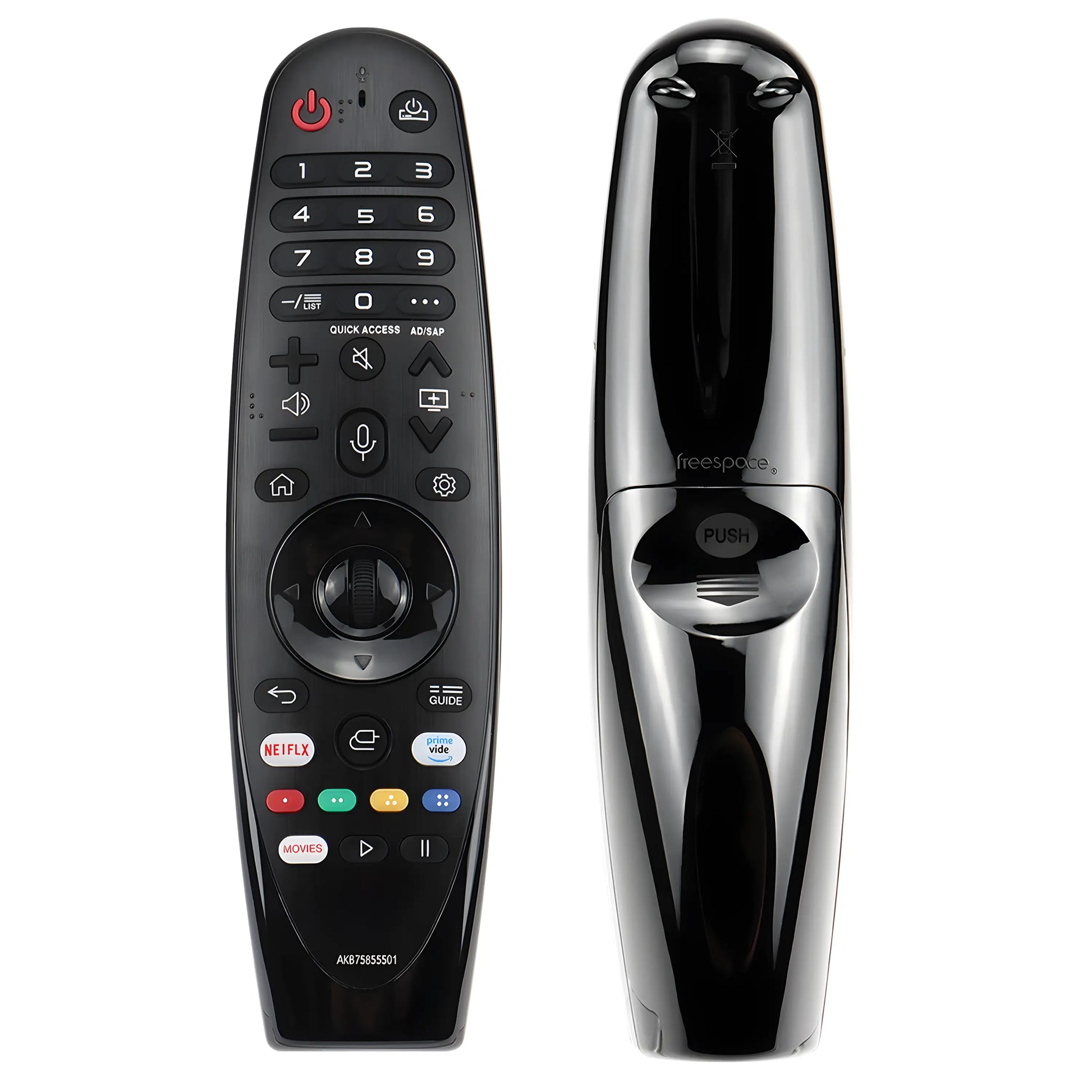 LG MR20GA Magic Remote Vorder- und Rückansicht – elegante schwarze Fernbedienung mit Sprachsteuerung, Scrollrad und ergonomischem Griffdesign