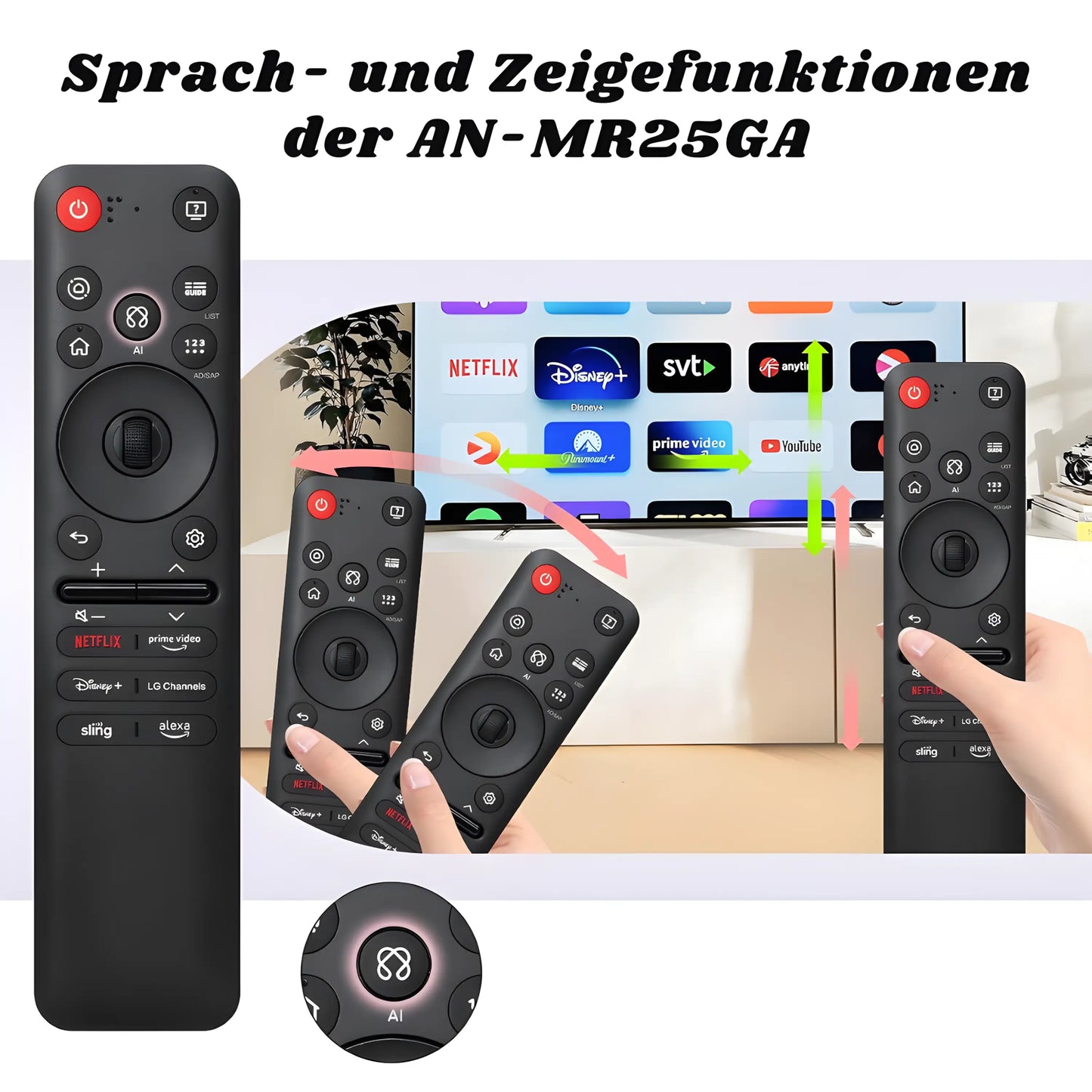 LG MR25GA Magic Ersatz Fernbedienung. Zeigt die Sprach- und Zeigerfunktionen (Air-Maus) in der Anwendung. AI-Taste für die Sprachsteuerung ist hervorgehoben.