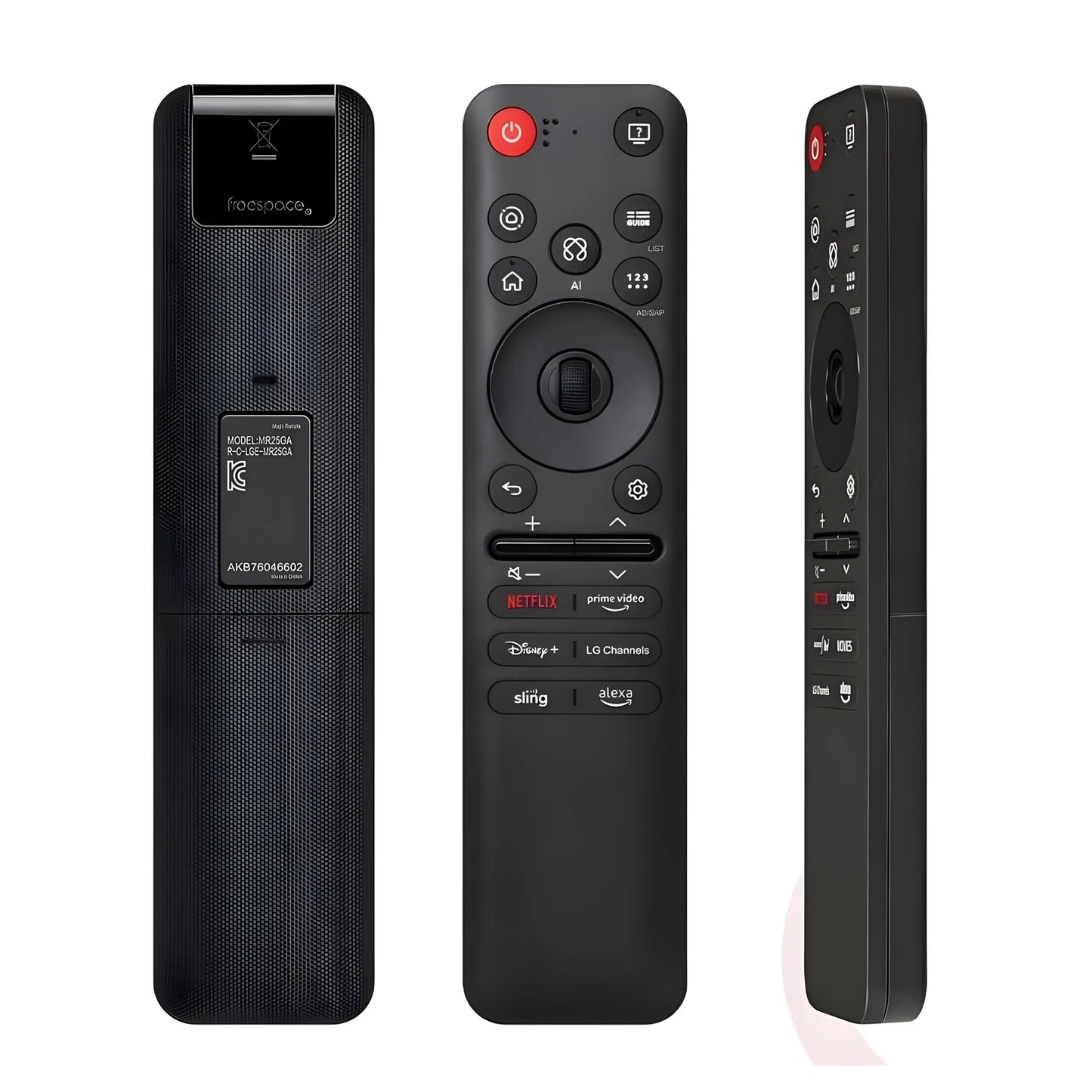 LG MR25GA Magic Ersatz Fernbedienung. Drei Ansichten (Front, Rückseite, Seite). Verfügt über Sprachsteuerung und Scrollrad für die Zeigerfunktion.