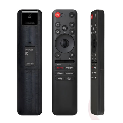 LG MR25GA Magic Ersatz Fernbedienung. Drei Ansichten (Front, Rückseite, Seite). Verfügt über Sprachsteuerung und Scrollrad für die Zeigerfunktion.