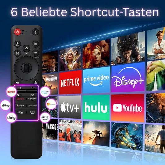 LG MR25GA Magic Ersatz Fernbedienung. Hervorhebung der 6 beliebten Shortcut-Tasten (Netflix, Disney+, Alexa, etc.) und Zeigerfunktion (Pointer).