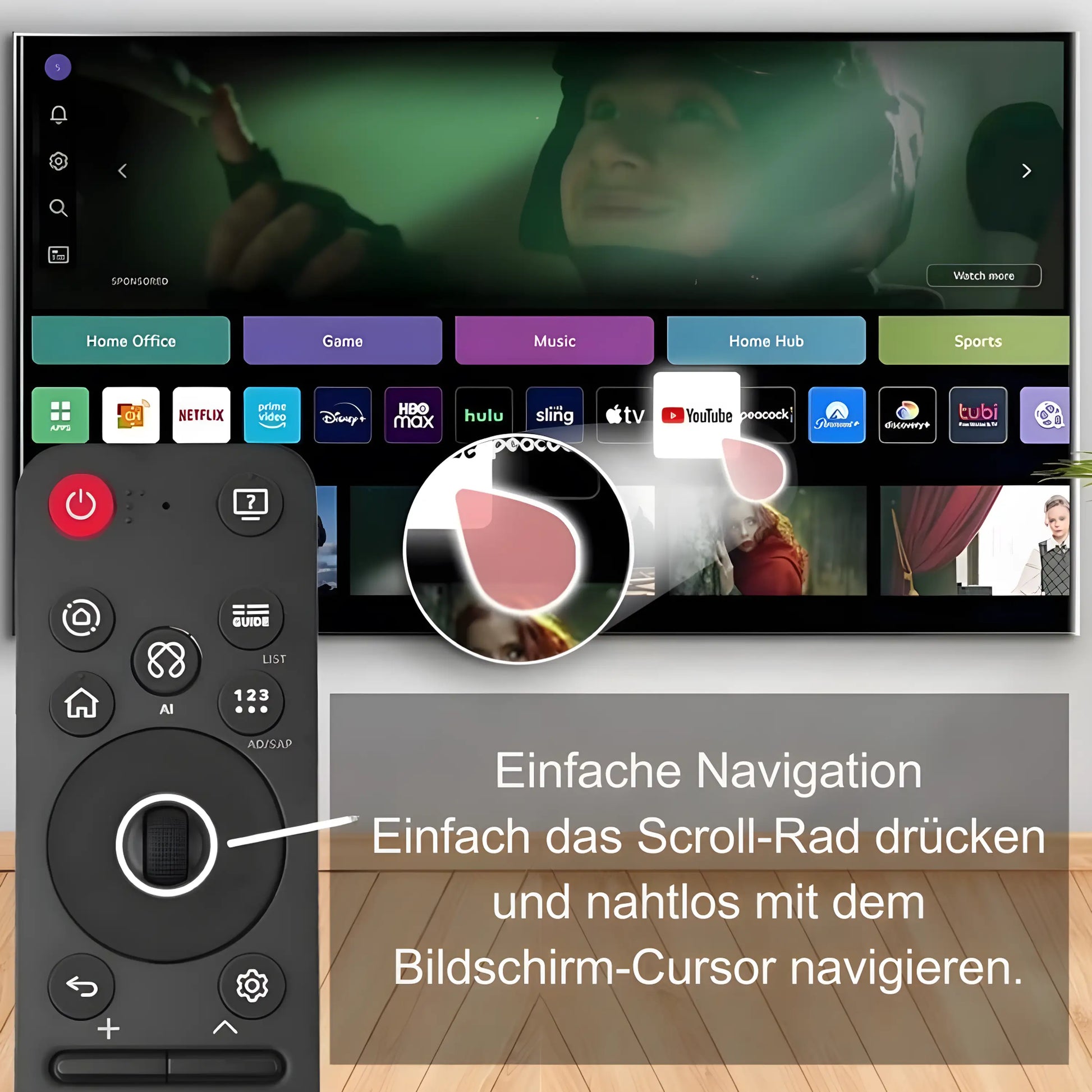 LG MR25GA Magic Ersatz Fernbedienung in Aktion. Einfache Navigation durch Drücken des Scroll-Rads und Cursor-Steuerung.
