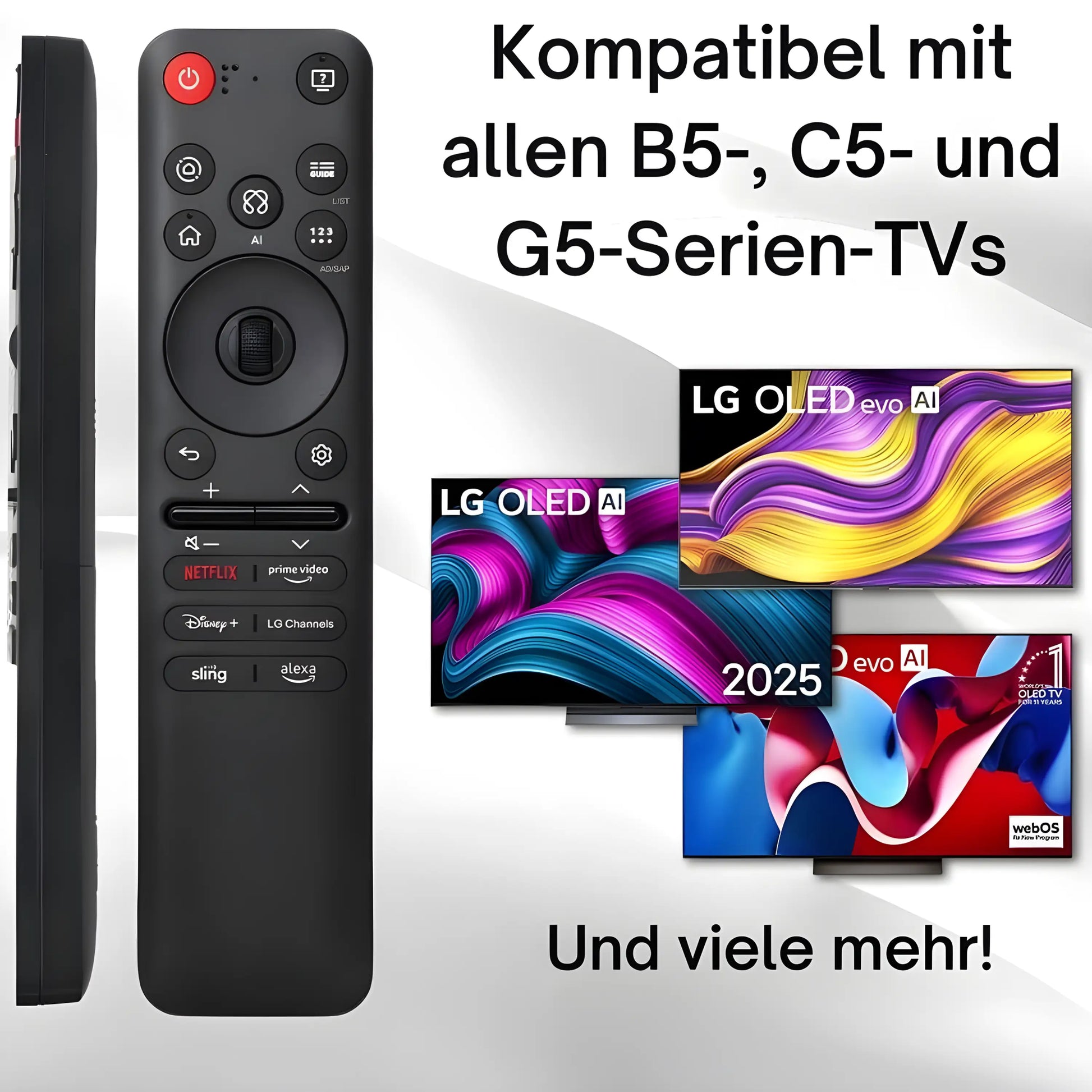 LG MR25GA Magic Ersatz Fernbedienung. Zeigt die Kompatibilität mit allen B5, C5 und G5 LG OLED TV Serien. Unterstützt AI und Zeigerfunktion.