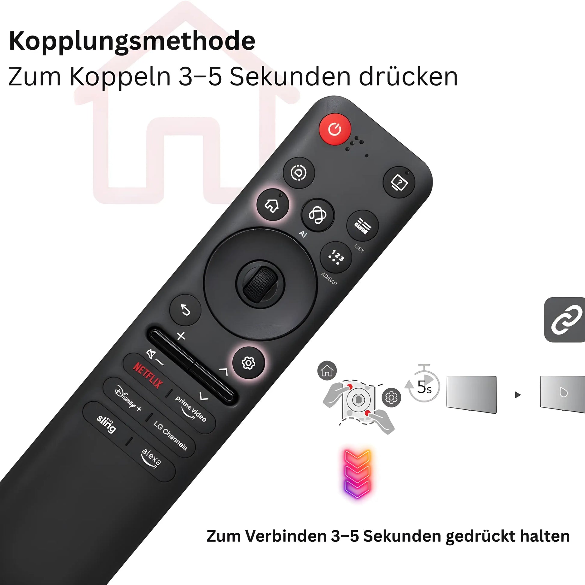 LG MR25GA Magic Ersatz Fernbedienung. Erläutert die Kopplungsmethode. 3–5 Sekunden die Home- und Zurück-Taste gedrückt halten zum Verbinden. Unterstützt AI.