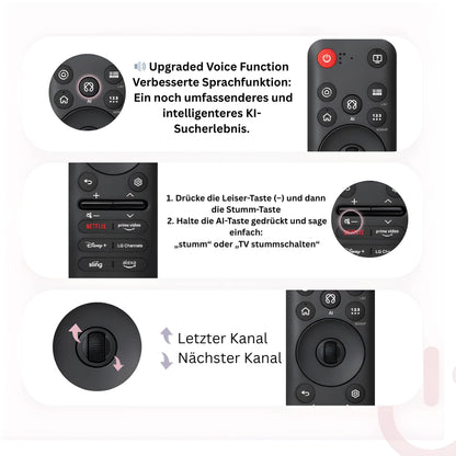 LG MR25GA Magic Ersatz Fernbedienung erklärt die verbesserte Sprachfunktion (KI-Suche) und die Stummschaltungs-Geste. Letzter/Nächster Kanal Wechsel.