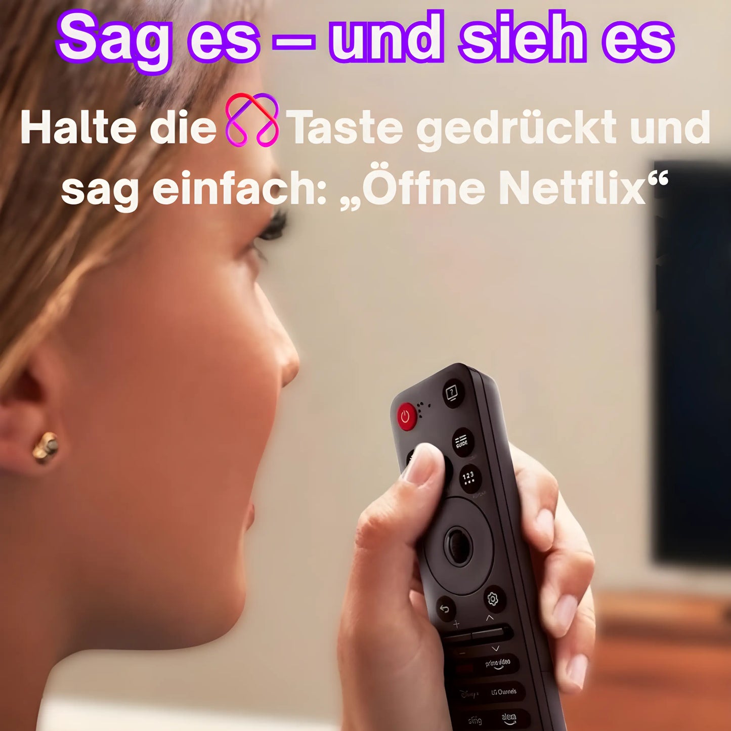 LG MR25GA Magic Ersatz Fernbedienung. Demonstriert die Sprachsteuerung durch Gedrückthalten der AI-Taste (z.B. „Öffne Netflix“).