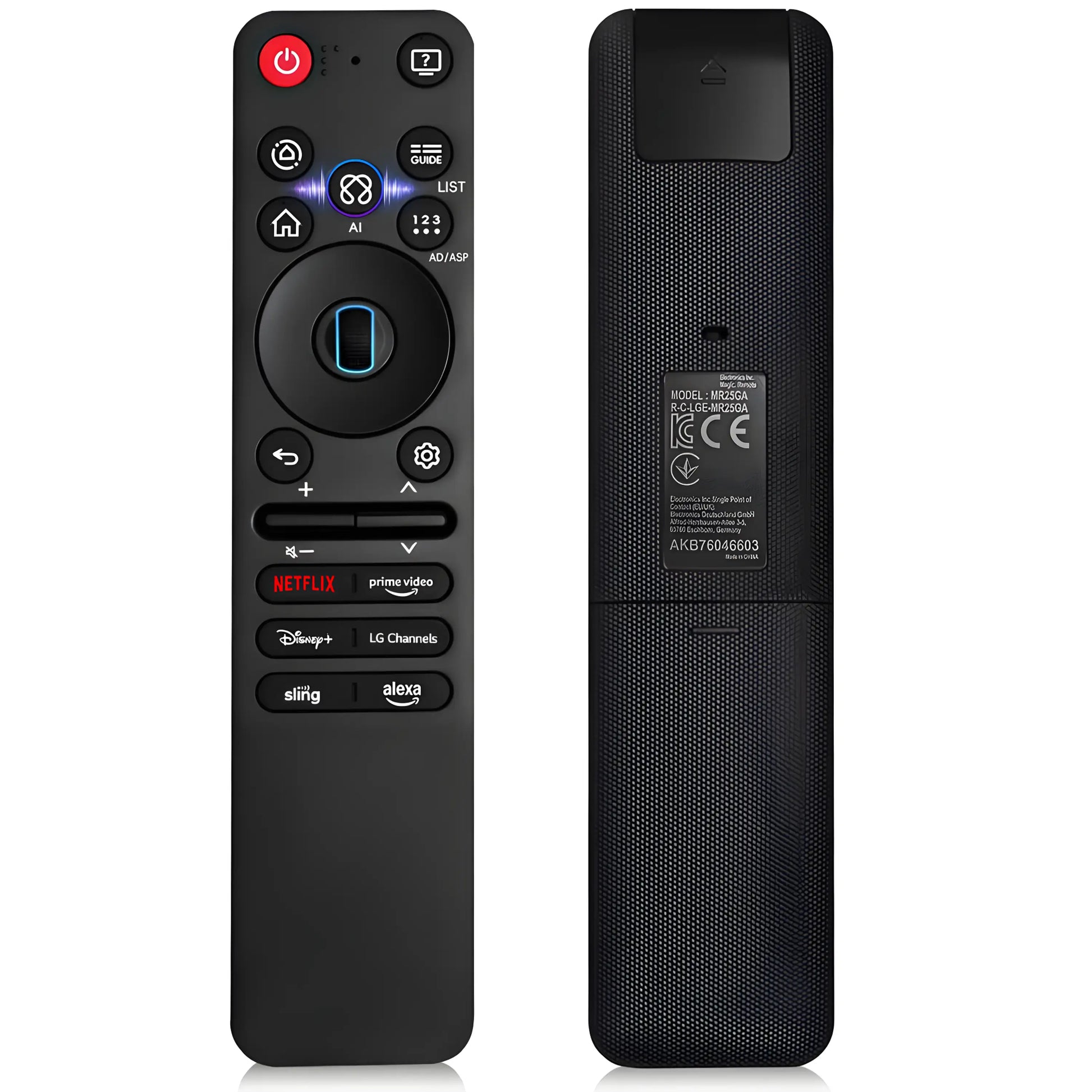 LG MR25GA Magic Ersatz Fernbedienung. Vorder- und Rückseitenansicht mit sichtbarer Modellnummer MR25GA. Unterstützt AI und Zeigerfunktion.