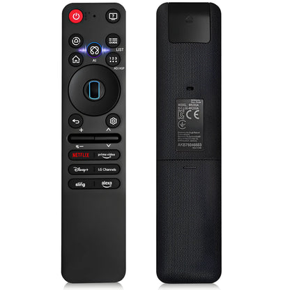 LG MR25GA Magic Ersatz Fernbedienung. Vorder- und Rückseitenansicht mit sichtbarer Modellnummer MR25GA. Unterstützt AI und Zeigerfunktion.