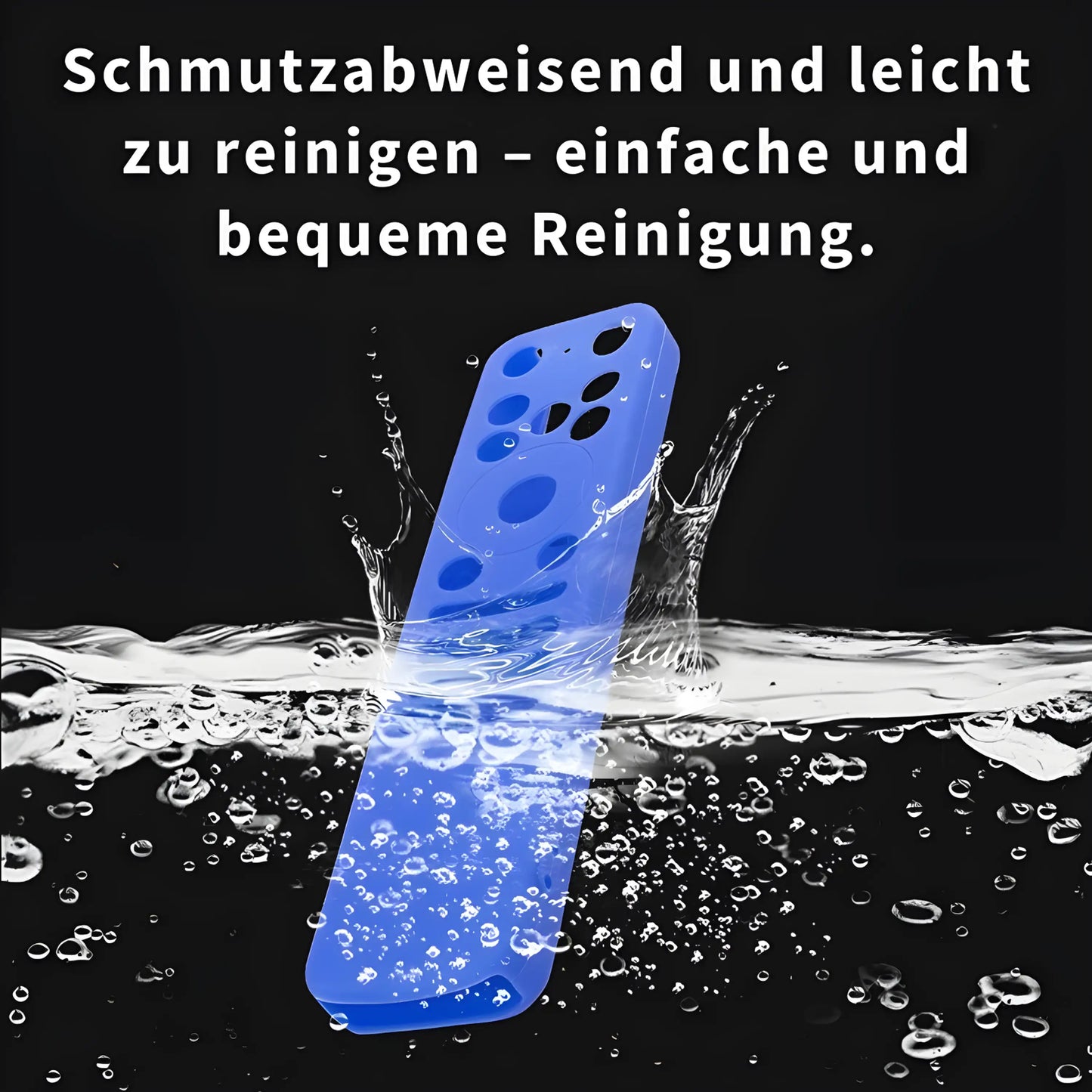 Blaue Silikonhülle für LG MR25GA Fernbedienung. Zeigt die wasserfeste und schmutzabweisende Eigenschaft der Schutzhülle bei der Reinigung.