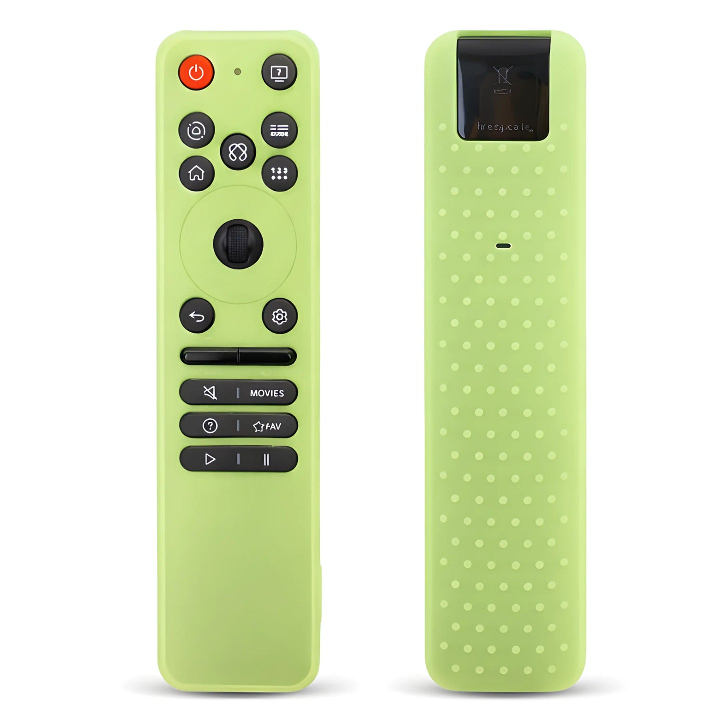 Hellgrüne Silikon-Schutzhülle für die LG MR25GA Fernbedienung. Abgebildet sind die Vorderansicht mit passgenauen Tasten-Ausschnitten und die Rückansicht mit griffiger Noppen-Struktur.