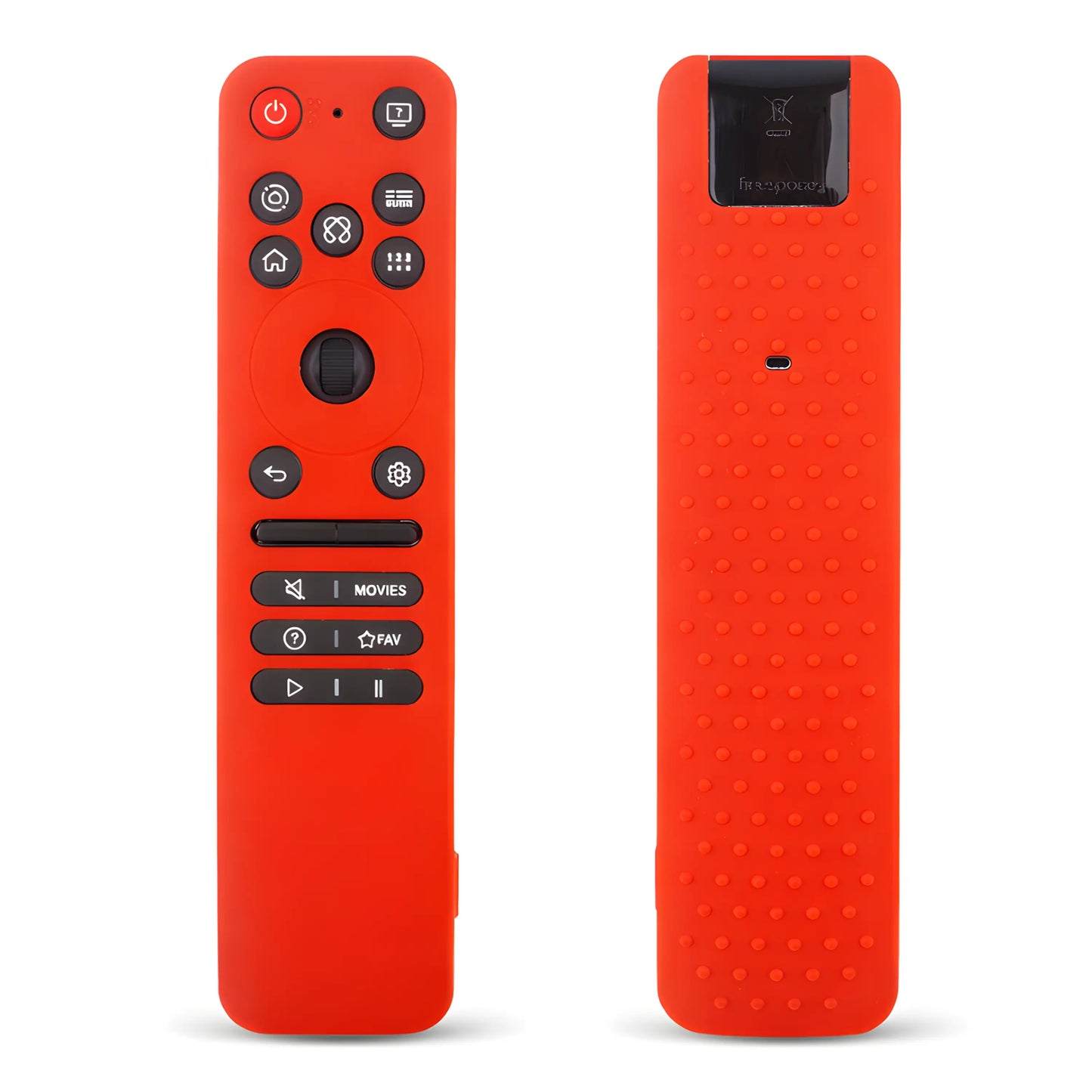 Rote Silikon-Schutzhülle für die LG MR25GA Fernbedienung. Die Abbildung zeigt die passgenaue Vorderseite und die rutschfeste Rückseite mit Noppen-Struktur für maximalen Grip.