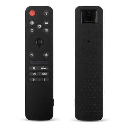 Schwarze Silikon-Schutzhülle für die LG MR25GA Fernbedienung. Die Abbildung zeigt die Vorderseite mit präzisen Tastenausschnitten und die Rückseite mit einer speziellen Anti-Rutsch-Noppenstruktur für besseren Halt.