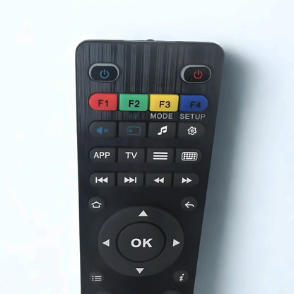 MAG IPTV Fernbedienung – Detailansicht der Funktionstasten mit F1–F4-Farbknöpfen, Navigation und Power-Tasten, kompatibel mit Modellen 250–544