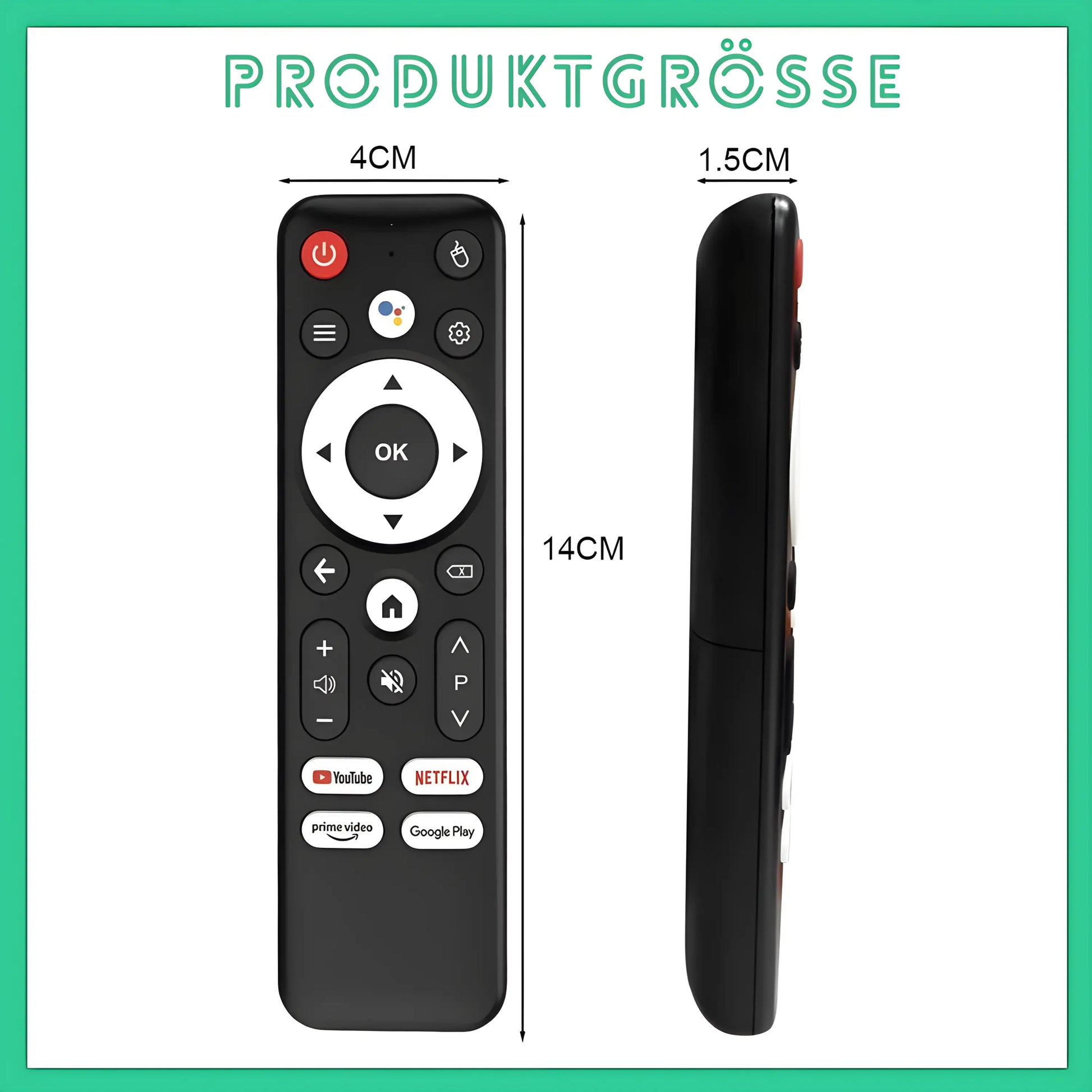 Mortal T1 Q1S Ersatzfernbedienung Abmessungen 14 cm Länge 4 cm Breite 1.5 cm Tiefe.