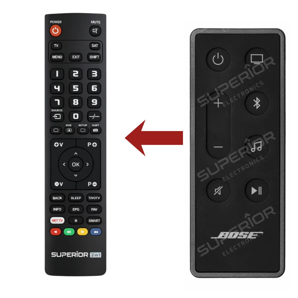 Vergleich der originalen Bose-Fernbedienung mit dem Ersatzmodell für die Soundbar 300.