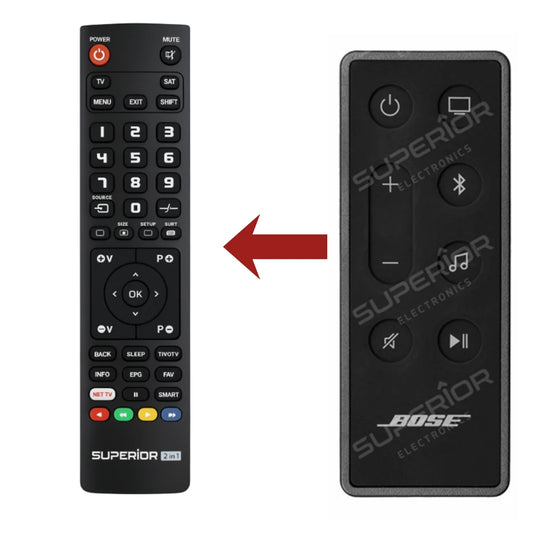 Vergleich der originalen Bose-Fernbedienung mit dem Ersatzmodell für die Soundbar 300.