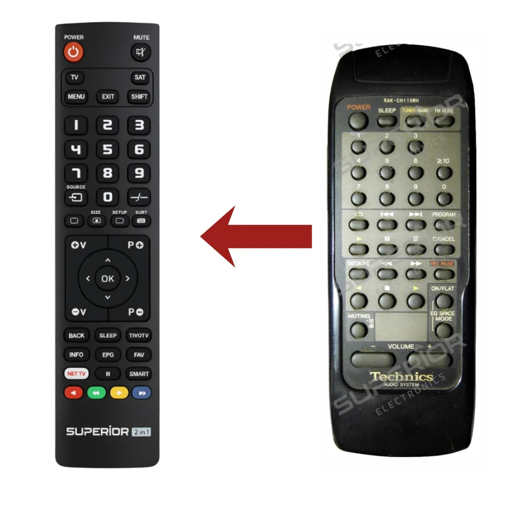 Vergleich: Originale Technics RAK-CH115WH Fernbedienung und das Ersatzmodell.