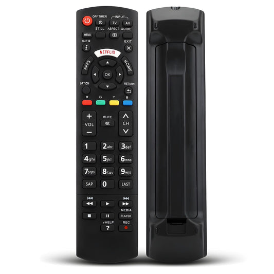 Universal Panasonic Ersatzfernbedienung Vorder- und Rückansicht – ergonomisches Design mit Netflix-Taste und robustem Gehäuse
