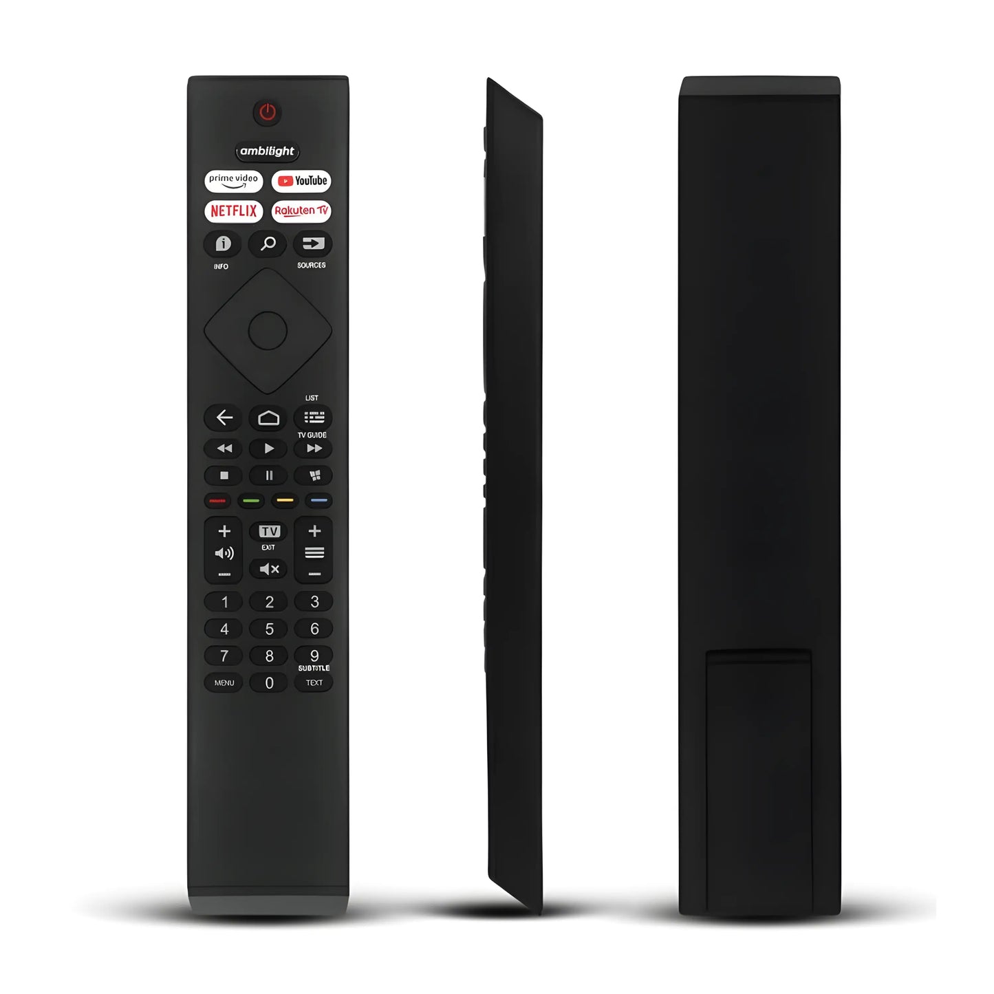 360 Grad Ansicht der schwarzen Philips BRC0984501 Ersatz Fernbedienung. Zeigt Vorderseite, Seitenprofil und Rückseite.