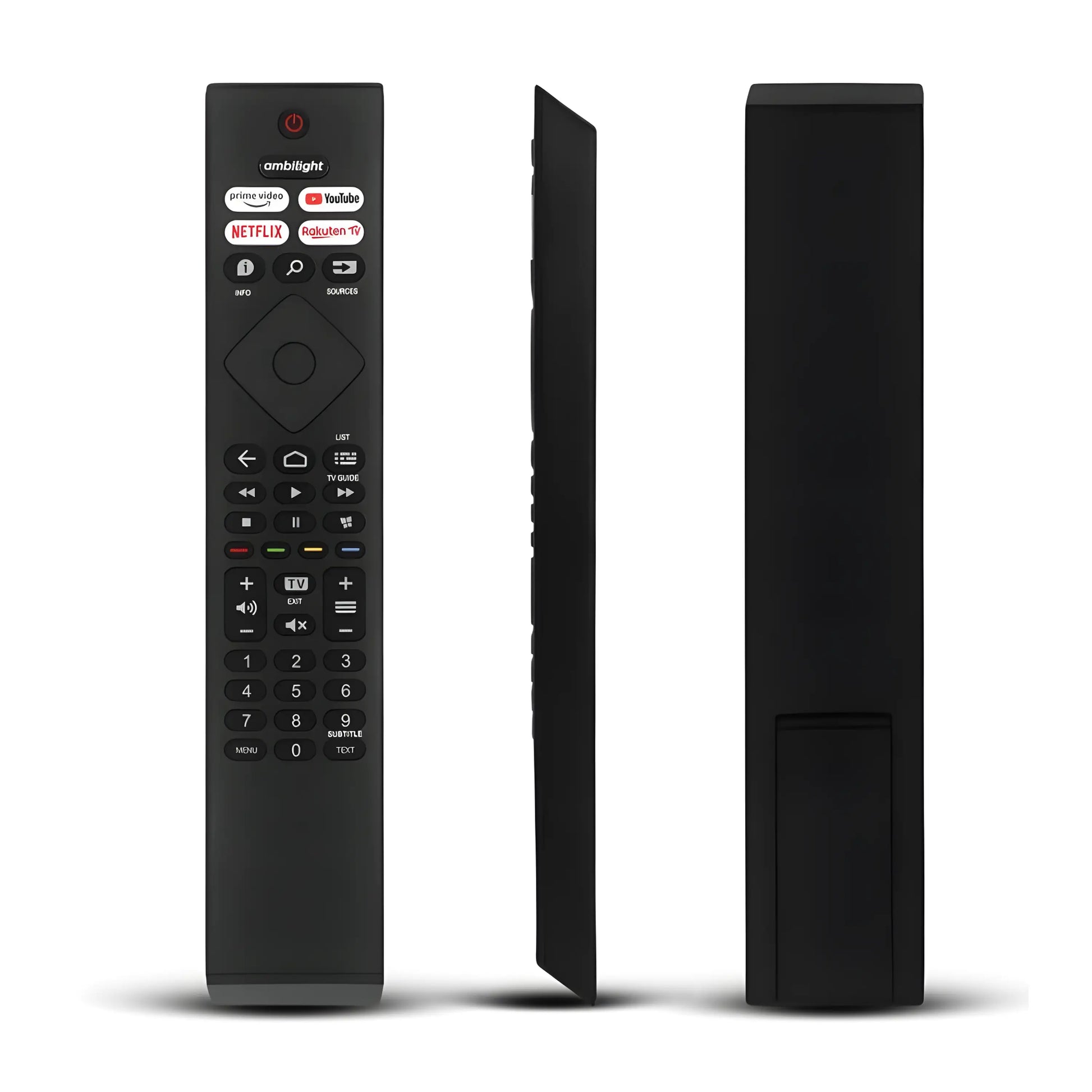 360 Grad Ansicht der schwarzen Philips BRC0984501 Ersatz Fernbedienung. Zeigt Vorderseite, Seitenprofil und Rückseite.