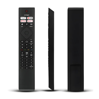 360 Grad Ansicht der schwarzen Philips BRC0984501 Ersatz Fernbedienung. Zeigt Vorderseite, Seitenprofil und Rückseite.