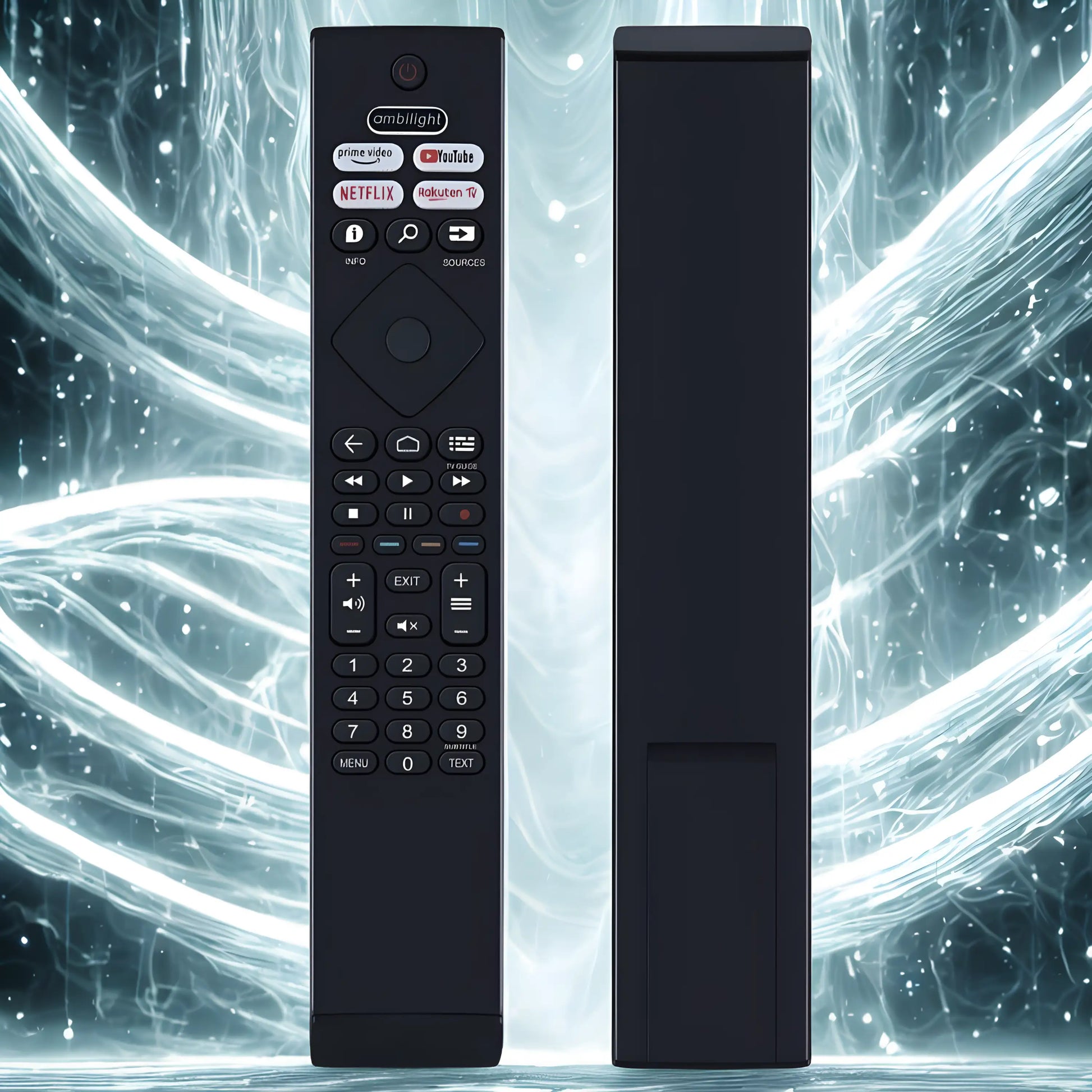 Philips BRC0984501 Ersatz Fernbedienung Vorder- und Rückseite mit futuristischem Lichter-Hintergrund für Ambilight TVs.
