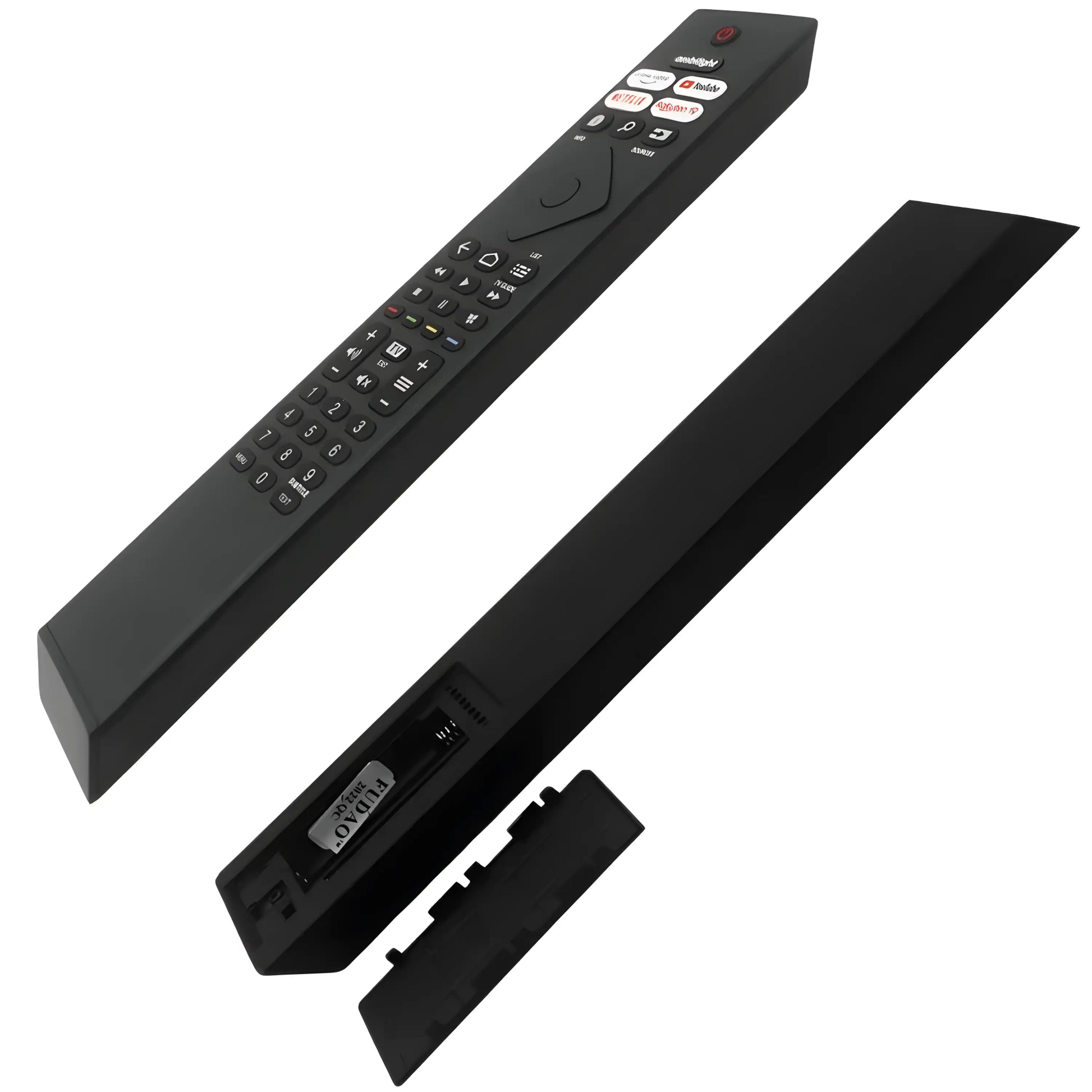 Innenansicht und Batteriefach der Philips BRC0984501 Ersatz Fernbedienung. Zeigt offene Rückseite und Abdeckung.