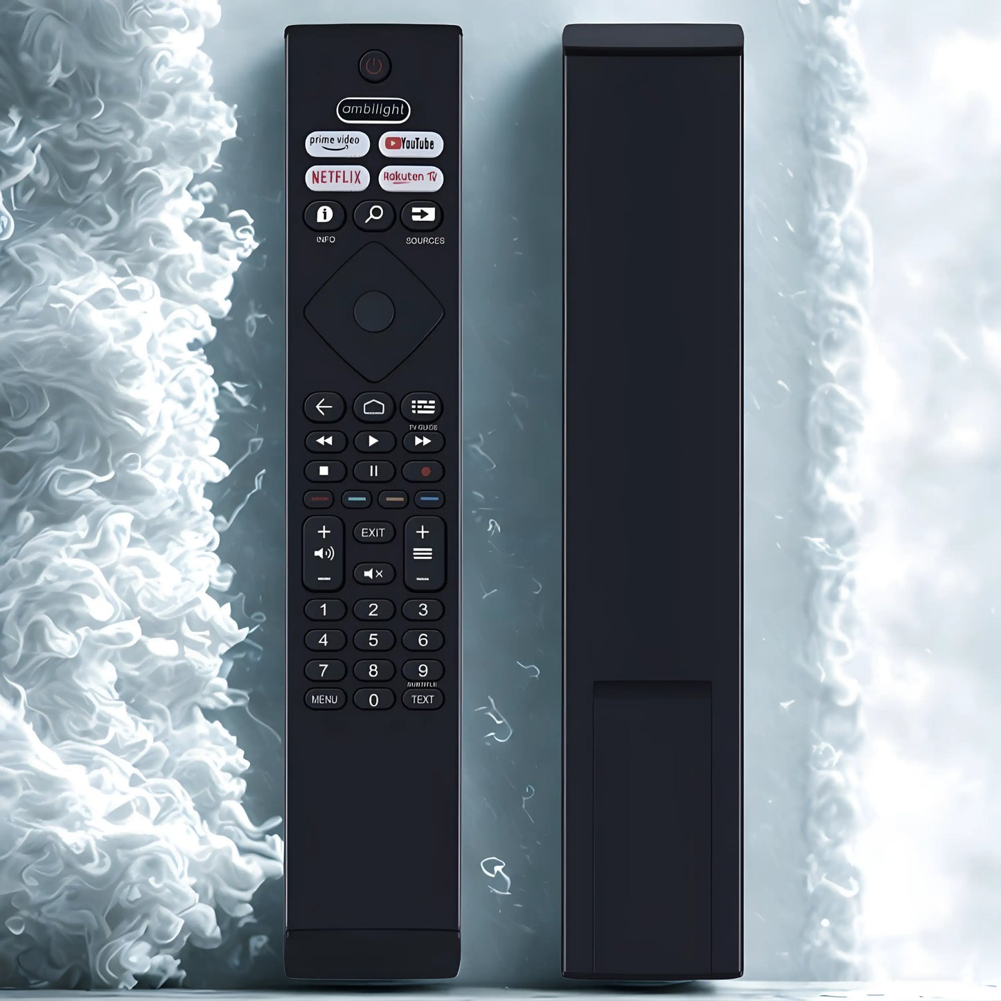 Vorder- und Rückseite der Philips BRC0984501 Ersatz Fernbedienung vor einem abstrakten weißen Nebel-Hintergrund.