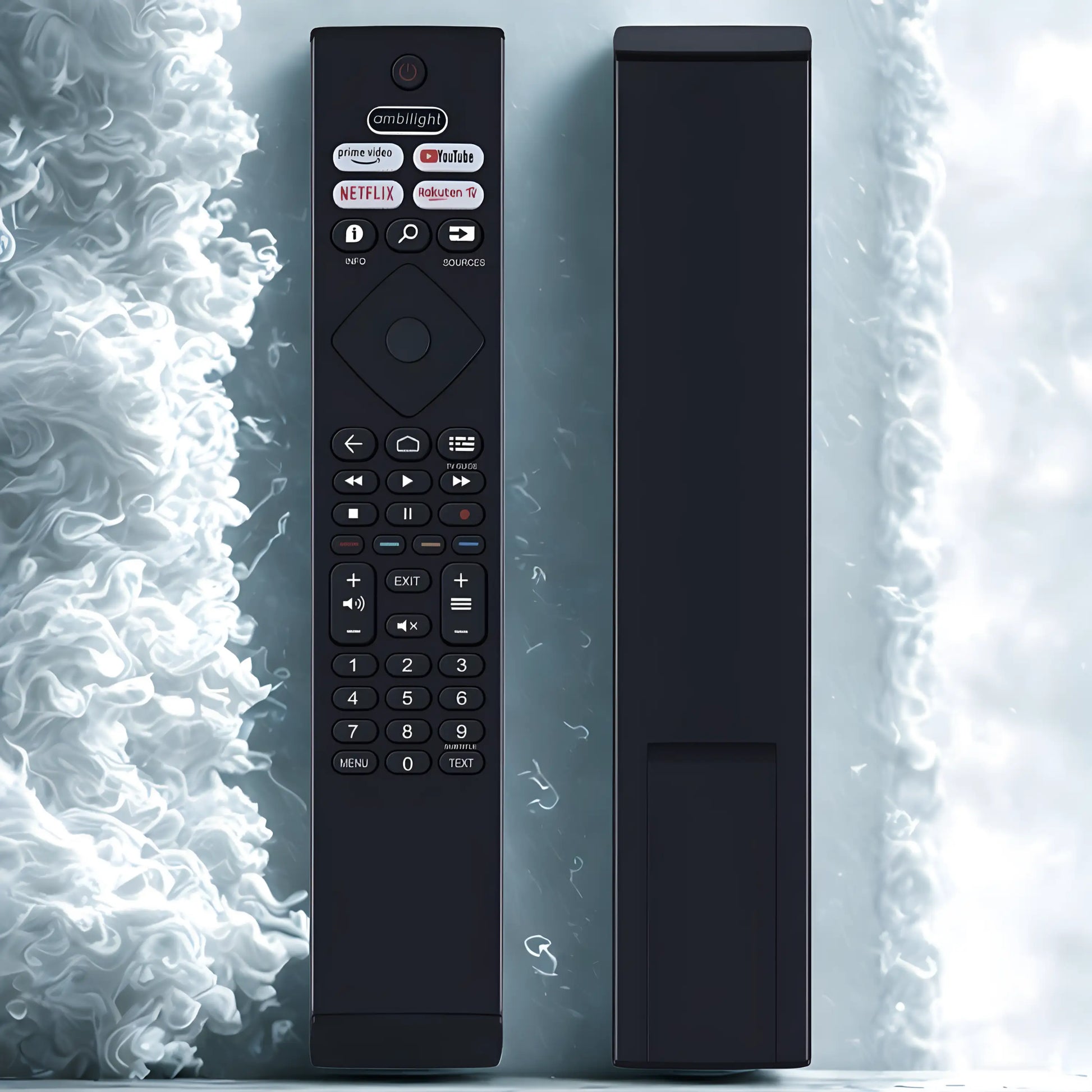 Vorder- und Rückseite der Philips BRC0984501 Ersatz Fernbedienung vor einem abstrakten weißen Nebel-Hintergrund.