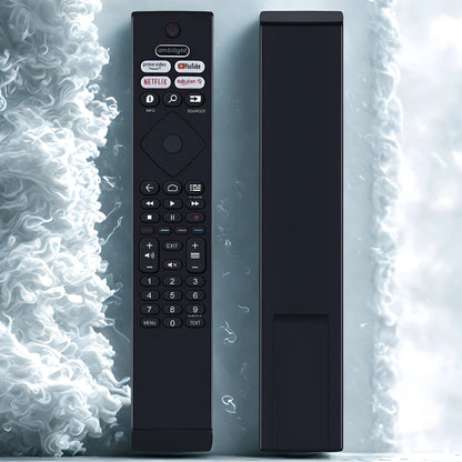 Vorder- und Rückseite der Philips BRC0984501 Ersatz Fernbedienung vor einem abstrakten weißen Nebel-Hintergrund.