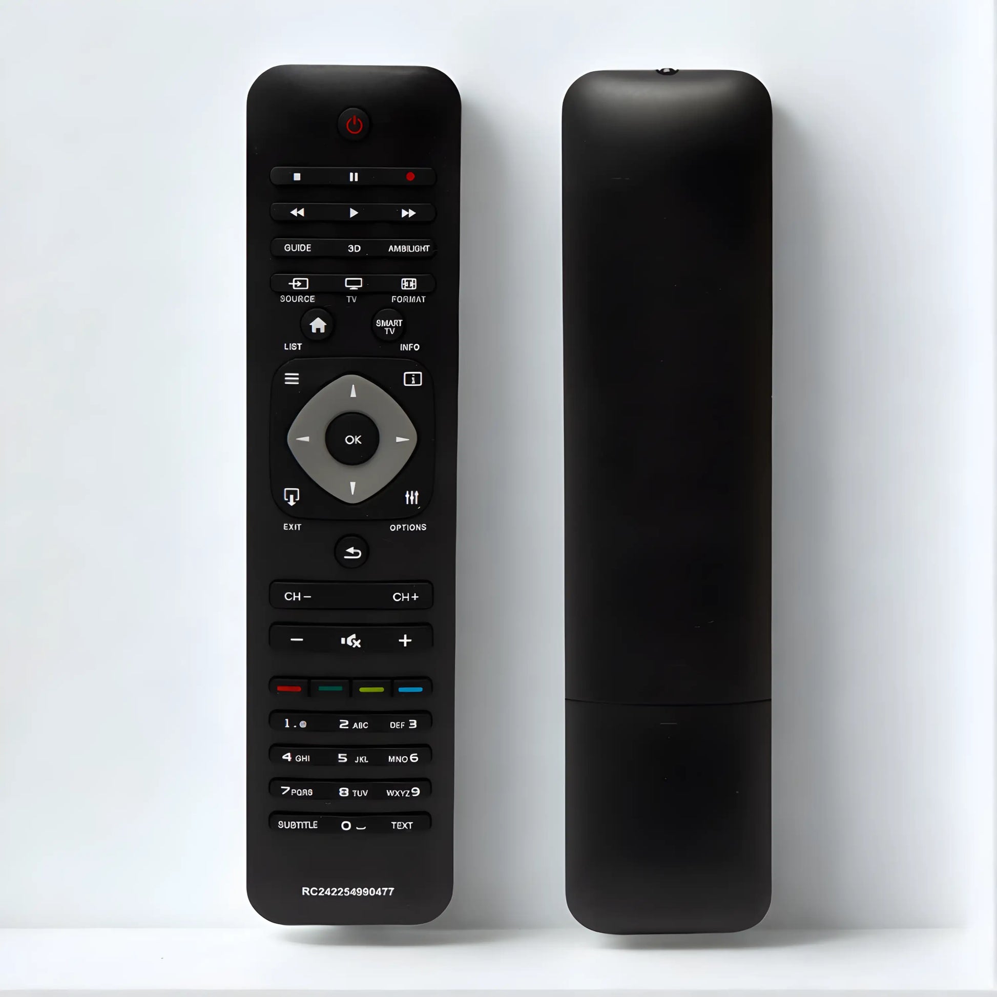 Philips RC242254990477 Ersatzfernbedienung Vorder- und Rückansicht – kompatibel mit Philips 3D Ambilight Smart TV der PFL/PDL Serie, Modell YKF314-001