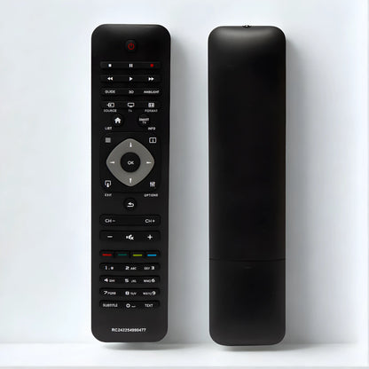 Philips RC242254990477 Ersatzfernbedienung Vorder- und Rückansicht – kompatibel mit Philips 3D Ambilight Smart TV der PFL/PDL Serie, Modell YKF314-001