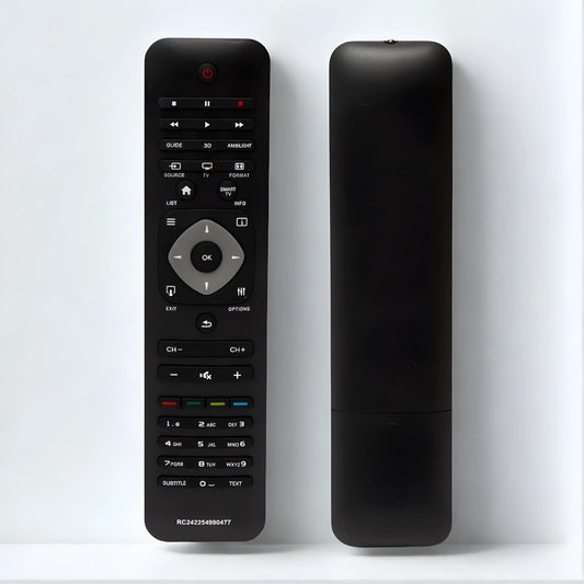 Philips RC242254990477 Ersatzfernbedienung Vorder- und Rückansicht – kompatibel mit Philips 3D Ambilight Smart TV der PFL/PDL Serie, Modell YKF314-001