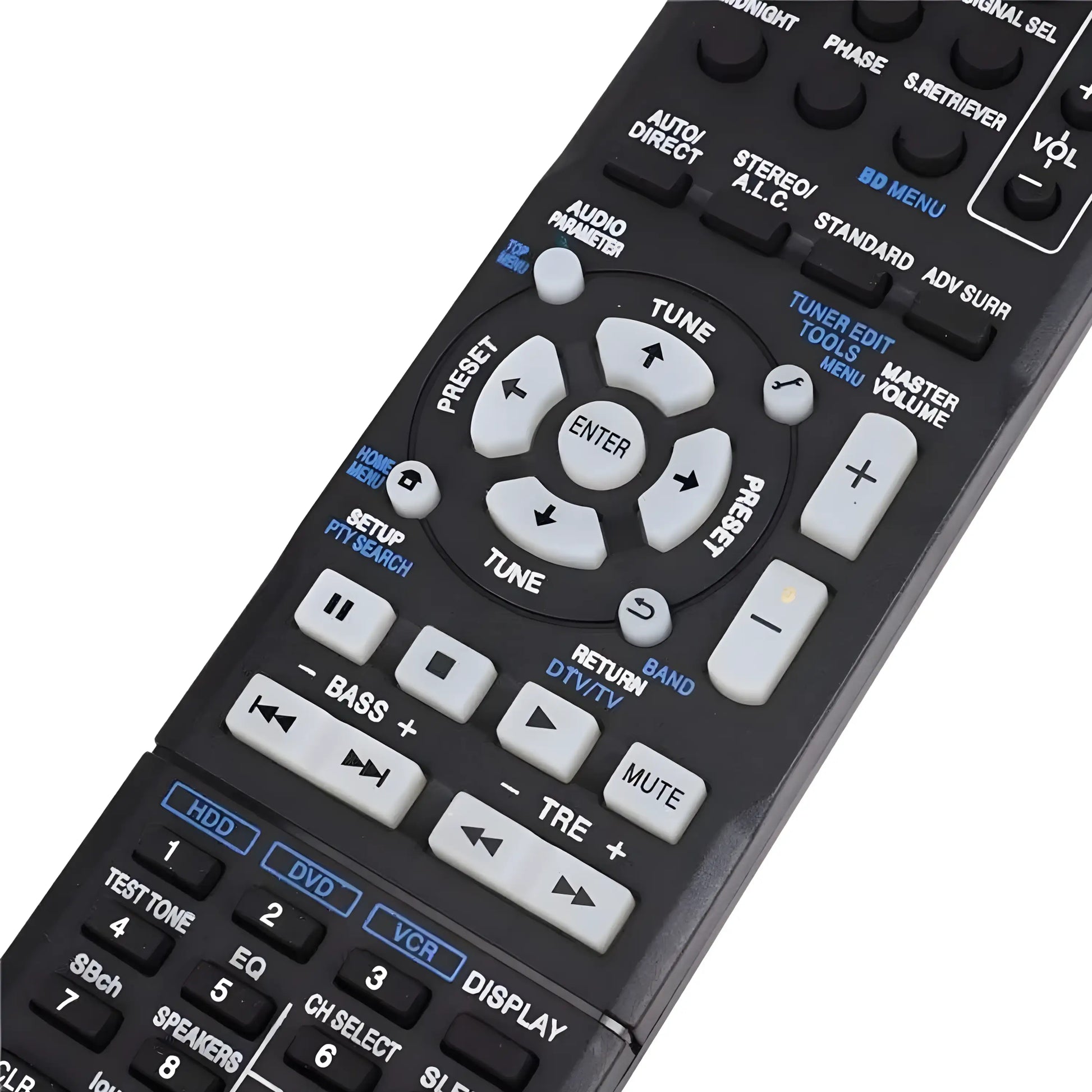 Detailaufnahme der Pioneer AXD7534 Ersatz Fernbedienung. Fokus auf das Navigationskreuz, die Lautstärkeregler ve die Enter-Taste.