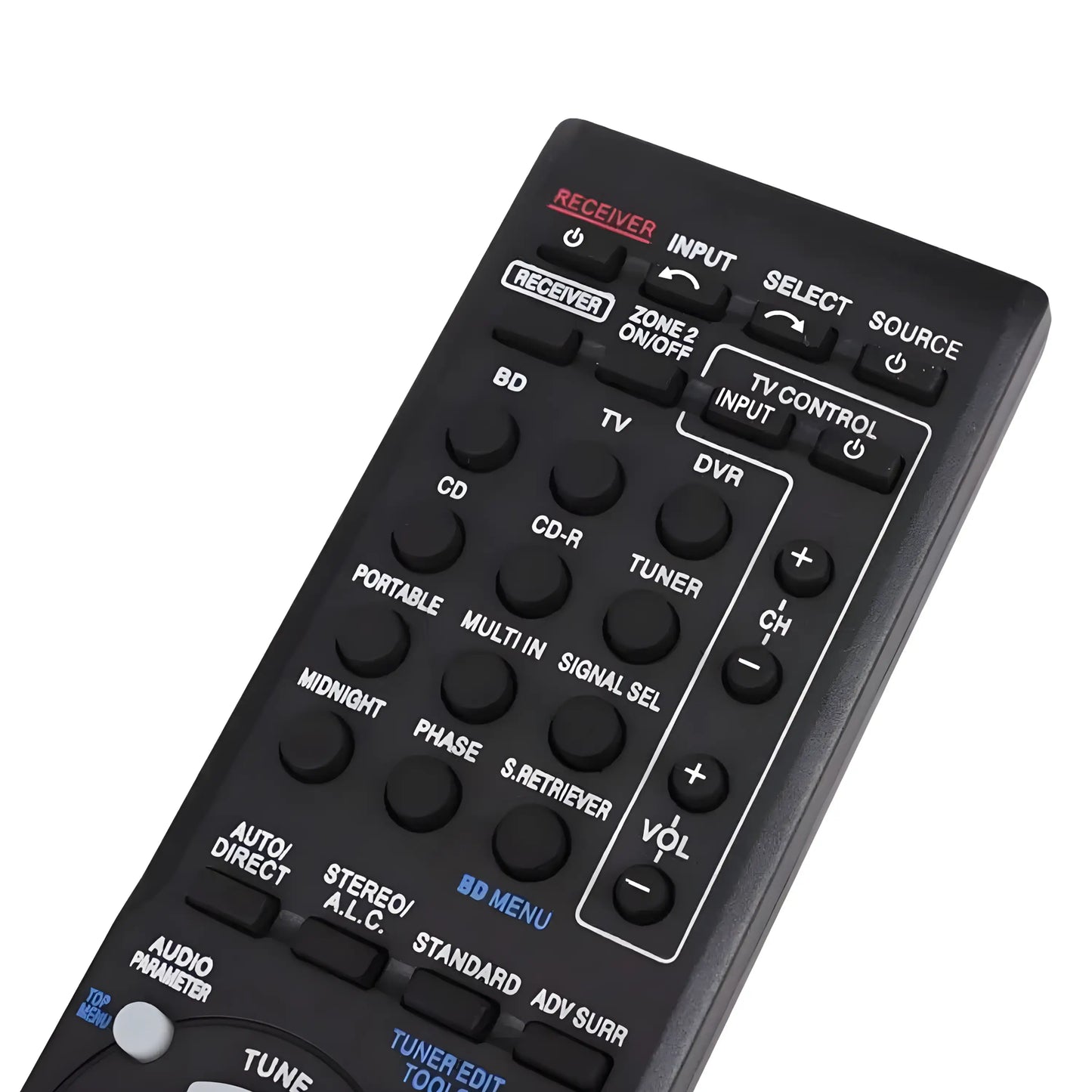 Detailansicht des oberen Tastenbereichs der Pioneer AXD7534 Ersatz Fernbedienung mit Receiver Power, Input Select ve Source Tasten.